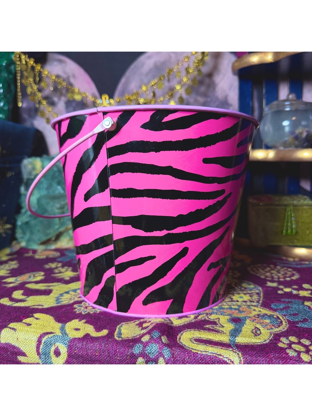 Pink Zebra Print Metal Tin Bucket